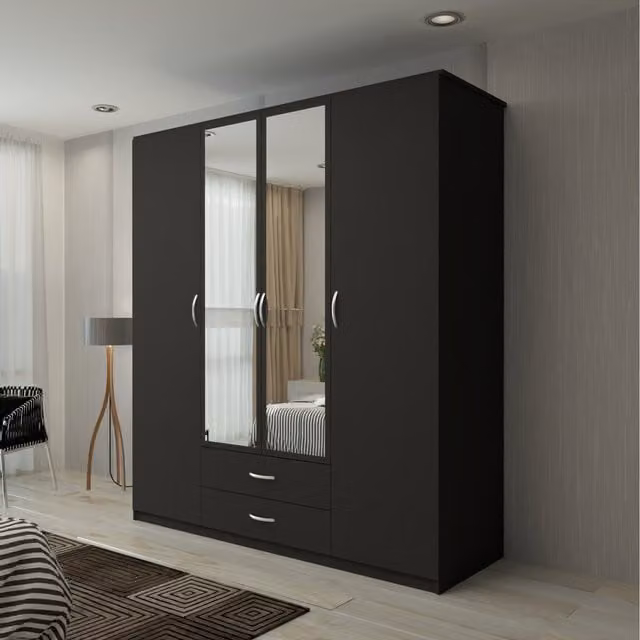 Sliding Wardrobes 4 U Modern 4 Door Hinged Wardrobe in Matt Black with Mirror and Drawers, H 198 cm x W 171 cm x D 59 cm