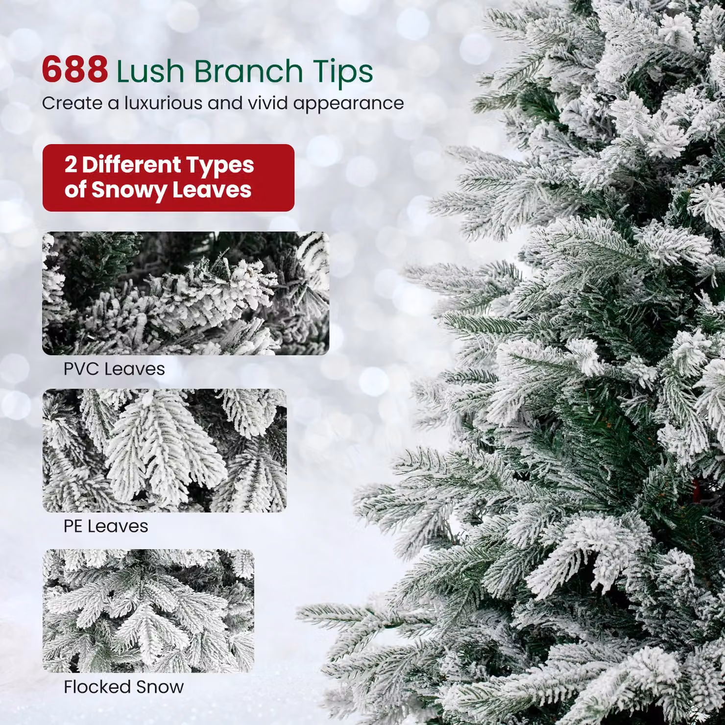 Gymax 146 cm Pre-Lit Flocked Christmas Tree with 688 Tips and 200 LED Lights in Green – 3