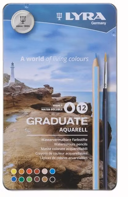 Lyra Graduate Aquarell Pencils 12 Piece Multi Colour Set in Metal Tin