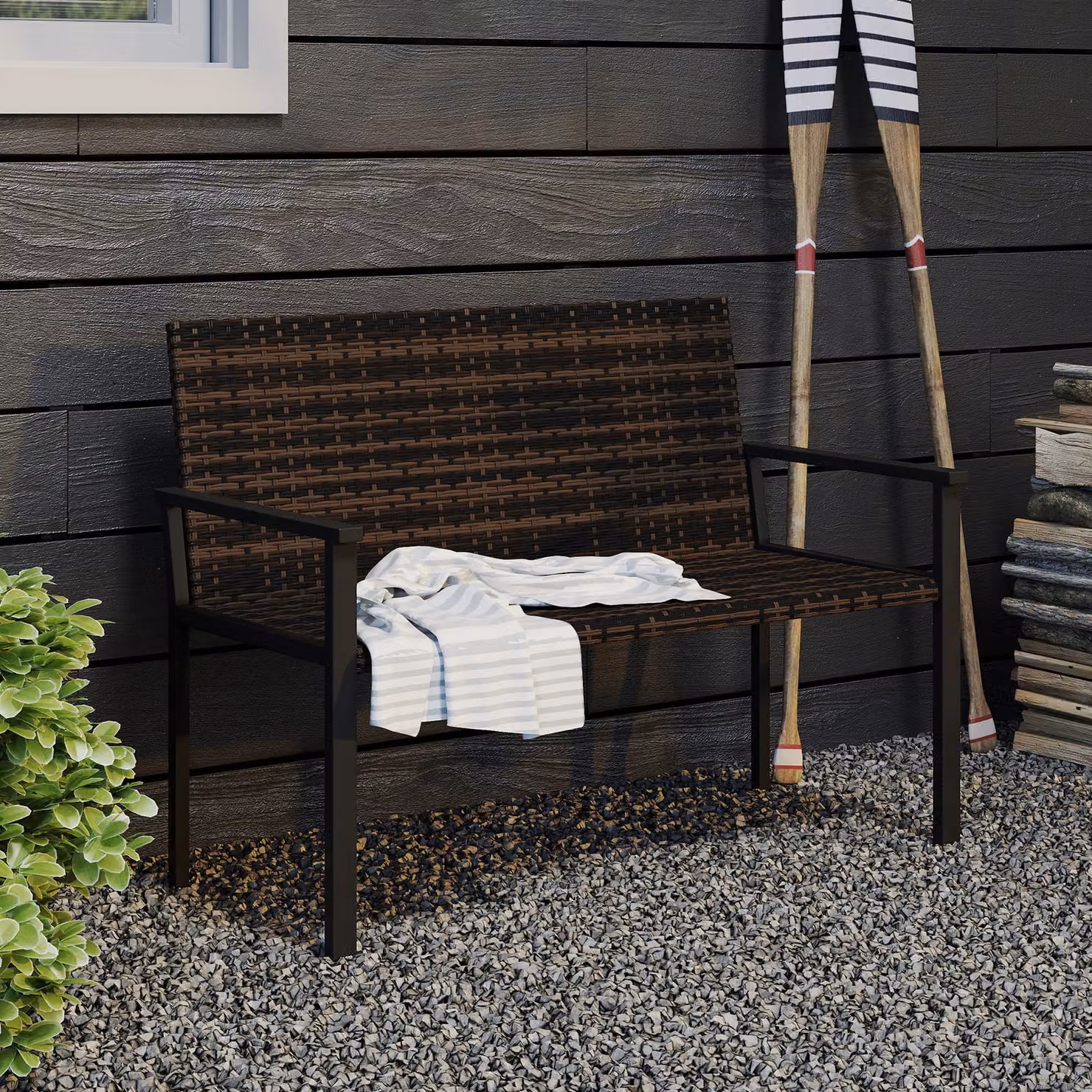 Outsunny 2 Seater Rattan Garden Bench with Armrests and Quick-Drying Cotton Padding in Mixed Brown – 9
