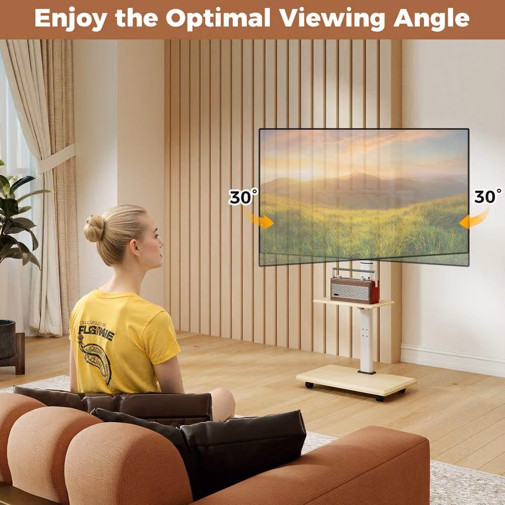 Costway Rolling TV Stand Mobile TV Cart for 32 to 75 inch TVs with Shelf and 30 Degree Tilt Mount in Natural – 2