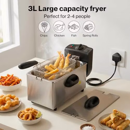 Spector 3L Deep Fat Fryer, 2000W Stainless Steel Electric Chip Fryer in Silver with Adjustable Temperature 90-190°C and Removable Non-Stick Bowl – 2