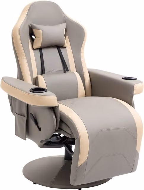 HOMCOM Grey PU Leather Manual Recliner Armchair with 360 Degree Swivel and Adjustable Leg Rest – 1