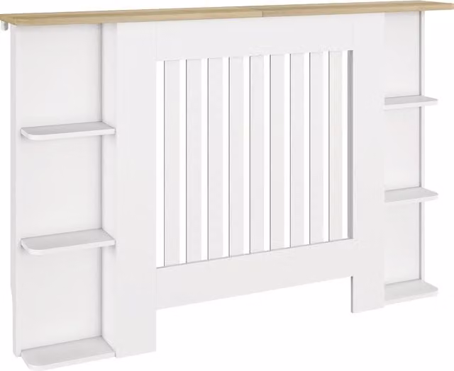 HOMCOM White Radiator Cover with Open Storage Shelves and Vertical Slatted Design, H 83 x W 124 x D 19 cm – 1