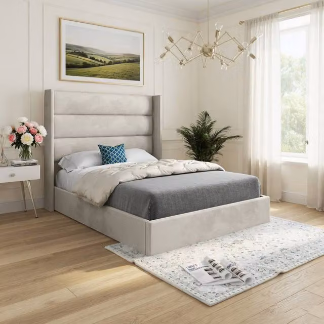 KDMD Shireshead Winged Upholstered Designer Bed Frame in Beige Soft Velvet, Small Single