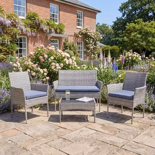 Rosewood & Stone Home Berrington 4-Seat Rattan Patio Set in Grey with Lounge Armchairs and Coffee Table – 1
