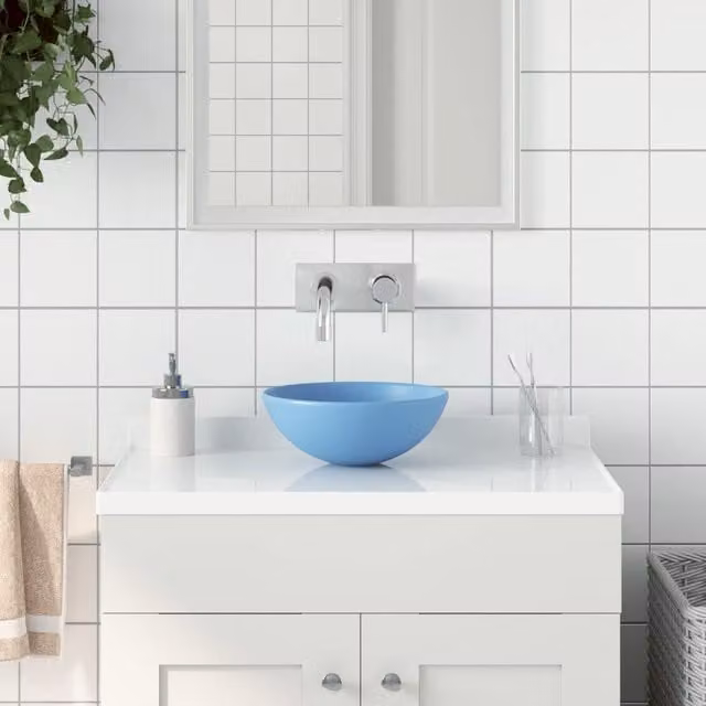 Berkfield Home Round Ceramic Countertop Bathroom Sink in Blue