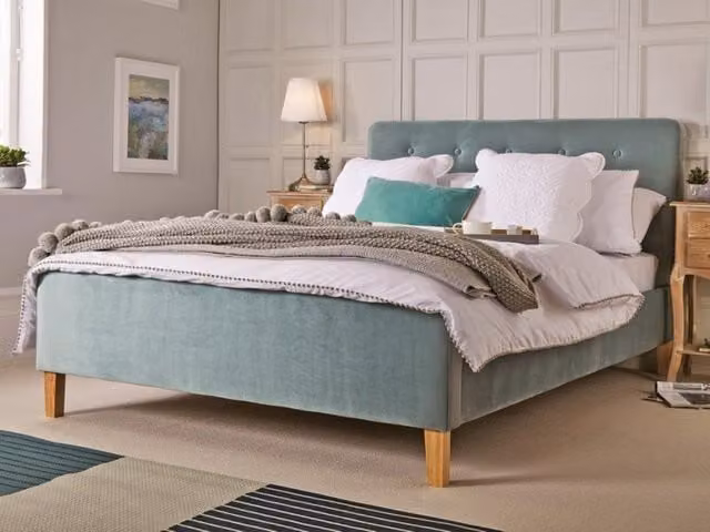 Lemon Pavilion Furniture Pierre King Size Velvet Bed Frame, Blue, L217 x W160.5 x H104 cm