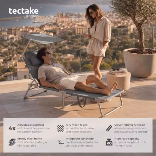 tectake Folding Sun Lounger in Grey with Sun Canopy and Adjustable Headrest, W/D/H: 190 x 68 x 111 cm – 4