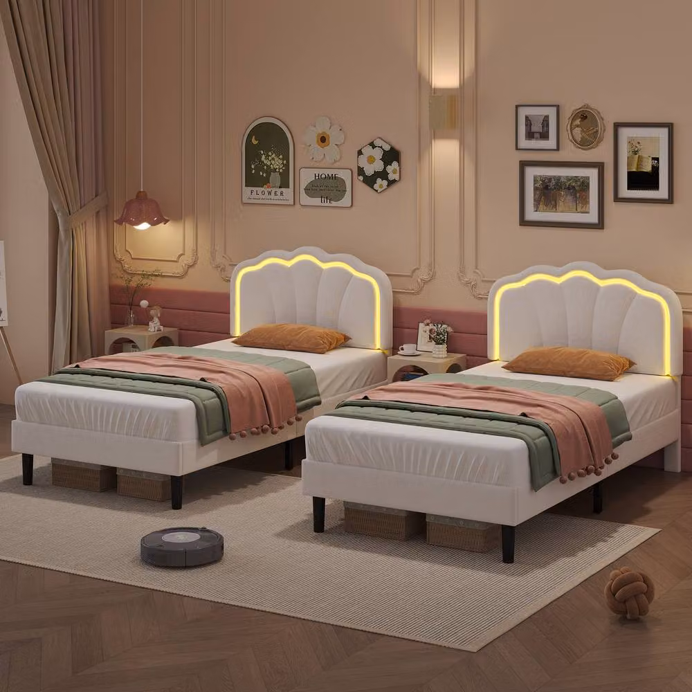 Merax White Velvet Single Bed with LED Under-Bed Lighting and Adjustable Headboard, W/D/H: 90 x 190 cm – 2