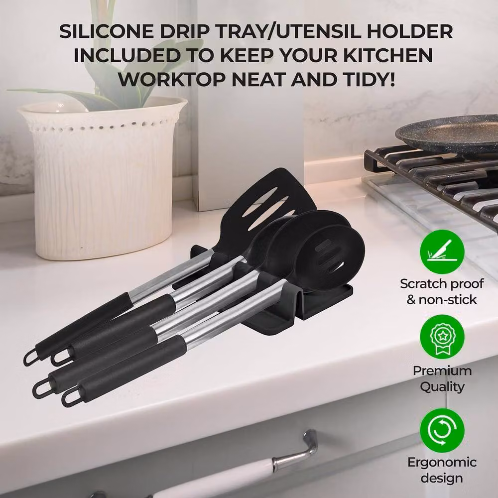 Top 3 8 Piece Black Silicone and Stainless Steel Kitchen Utensil Set with Storage Bucket – 4