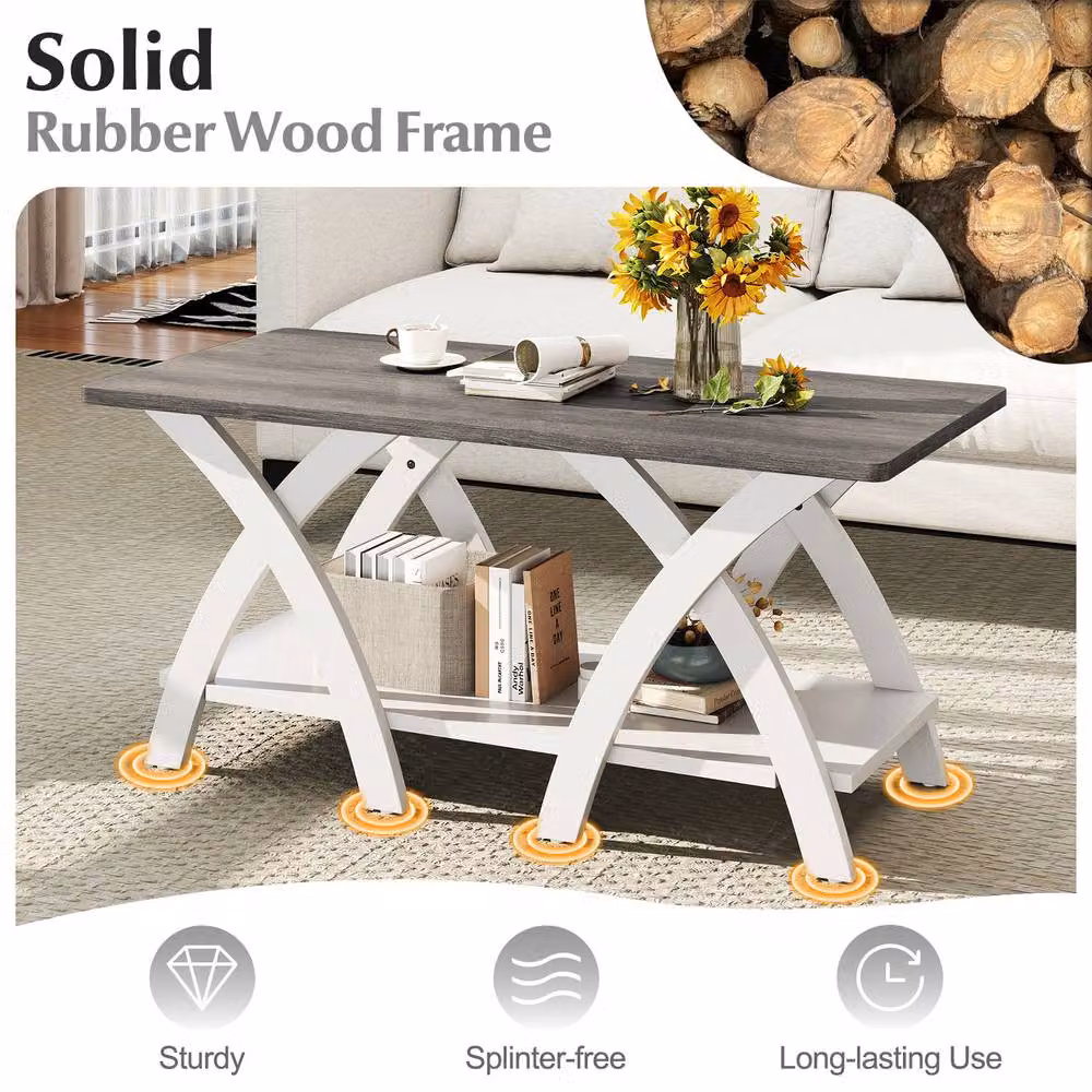 Gymax White Farmhouse Wooden Accent Coffee Table with Storage Shelf – 4