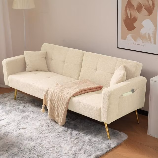 Aosom UK Beige Bouclé Convertible Sofa Bed with 3-Position Adjustable Backrest and High-Density Foam Seat, W/D/H: 176 x 64 x 75 cm
