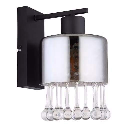 Globo Lighting Black Metal and Crystal Wall Lamp with Transparent Smoke Glass for Hallways and Bedrooms, Height: 26 cm – 1