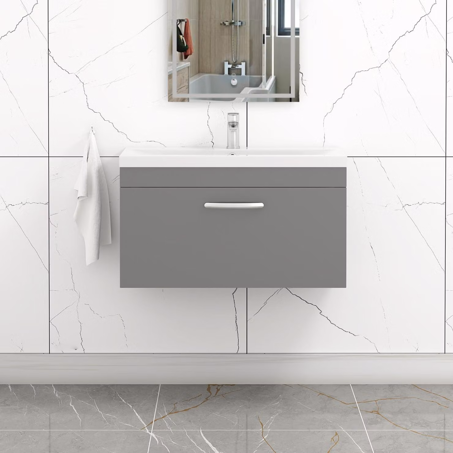 Royal Bathrooms Turin Wall Hung Vanity Sink Unit with 1 Drawer, Indigo Grey Gloss, Width: 80 cm