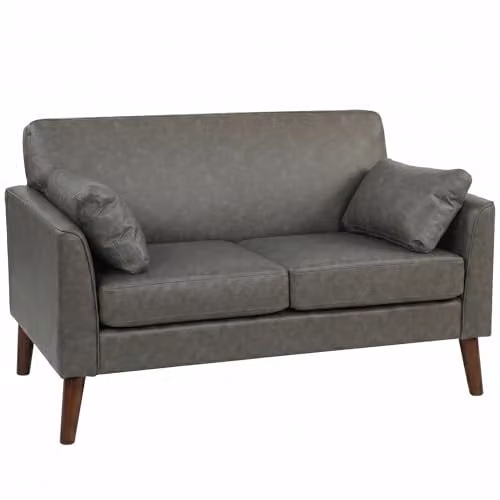 HOMCOM 2 Seater Sofa in Grey PU Leather with Rubberwood Legs, W: 132 cm, H: 79 cm, D: 74 cm