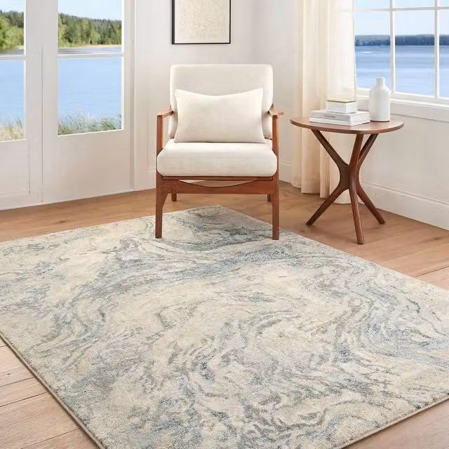 Livabliss Avellino Abstract Modern Marble High Pile Living Room Rug in Beige, Grey and Blue, W: 200 cm, D: 280 cm