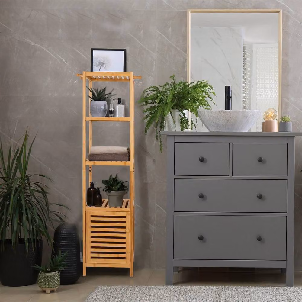 KORVIXA 4-Tier Slim Bamboo Storage Cabinet in Brown with Hinged Doors – 3