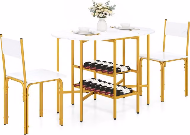 Costway 3 Piece Modern Extendable Round Dining Table and Chairs Set with Butterfly Drop Leaf in Brown and White Marble Effect