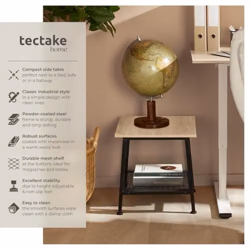 tectake Industrial Design Side Table with Wood-look Top and Steel Frame, W/D/H: 45.5 x 45.5 x 47 cm, Brown and Black – 4