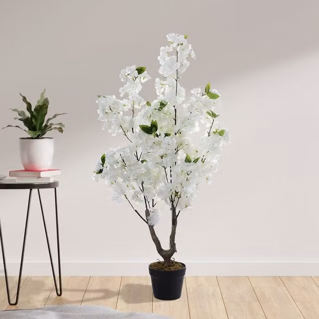 Livingandhome Artificial White Cherry Flowering Tabletop Tree in Pot