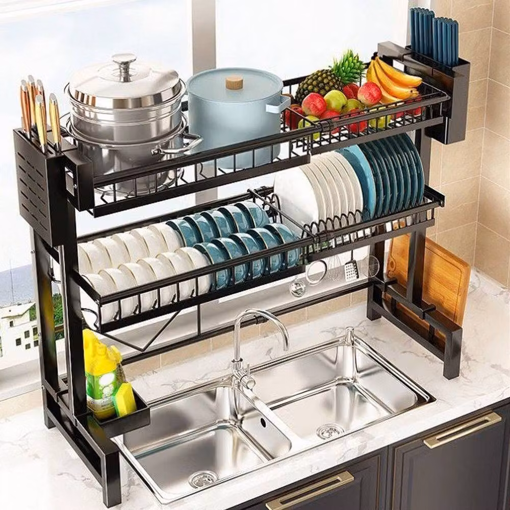 FORGEVIO 3 Tier Adjustable Over The Sink Dish Drying Rack in Black – 3