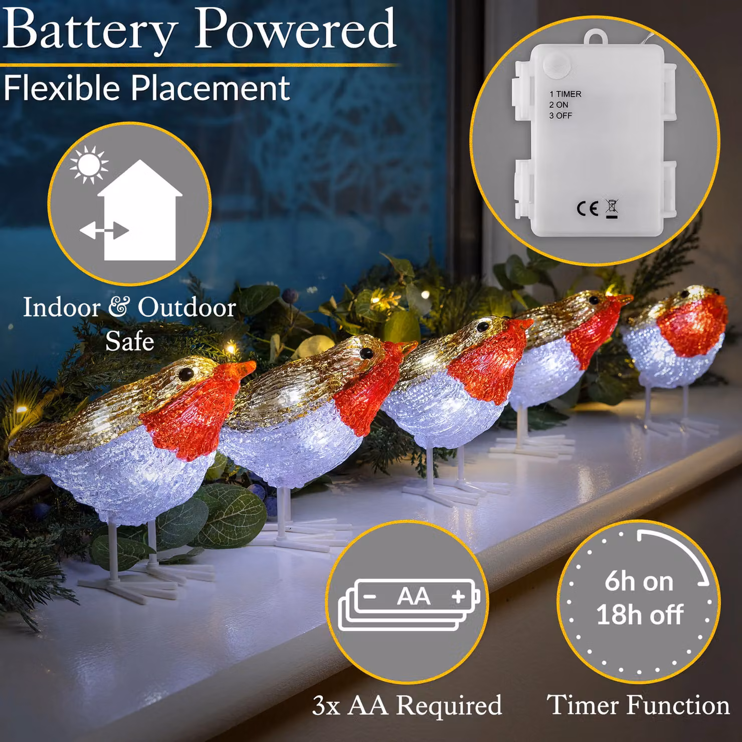 Christow Robin LED Christmas Lights, Battery Operated Indoor and Outdoor Xmas Decorations, Cream – 4