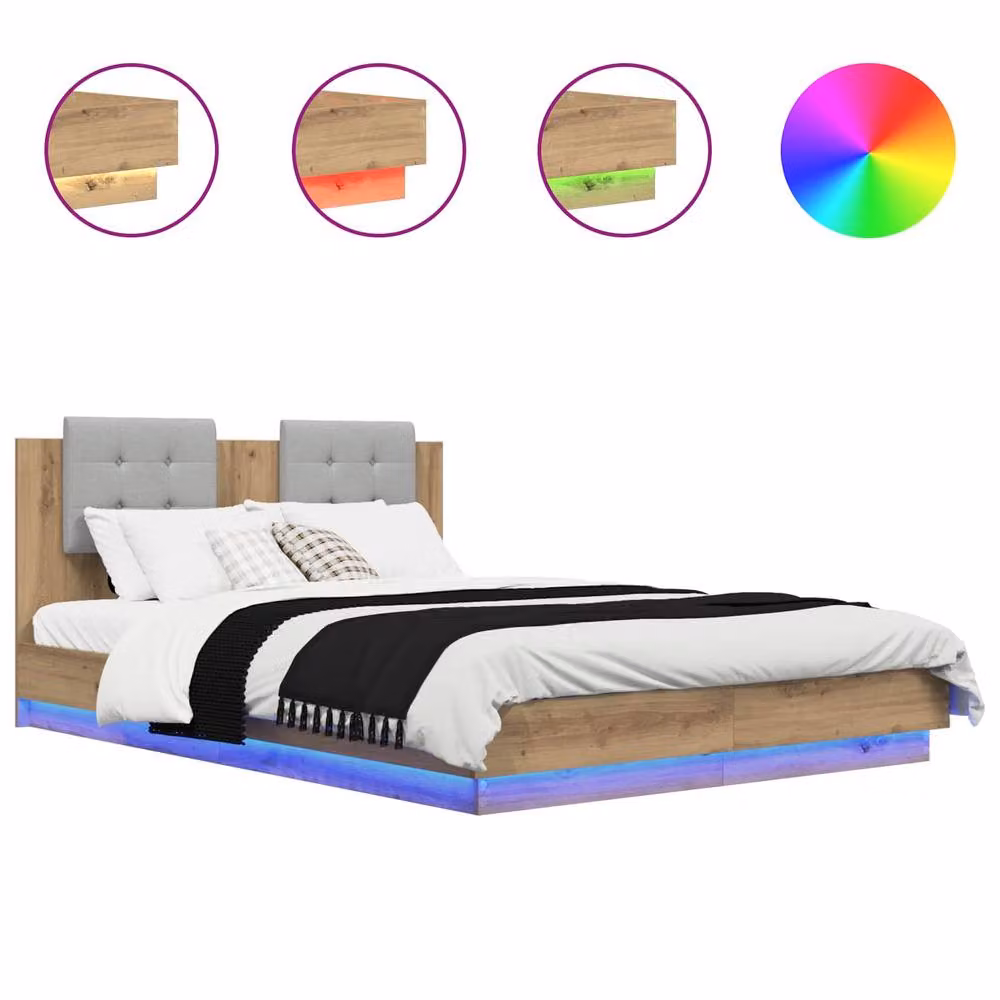 Berkfield Home Artisan Oak Bed Frame with Headboard and Under-Bed Lighting, Brown, 140 x 200 cm – 2