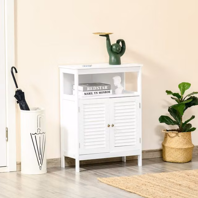 Kleankin Modern Freestanding Bathroom Storage Cabinet Organiser with Hinged Doors and Open Shelf, White