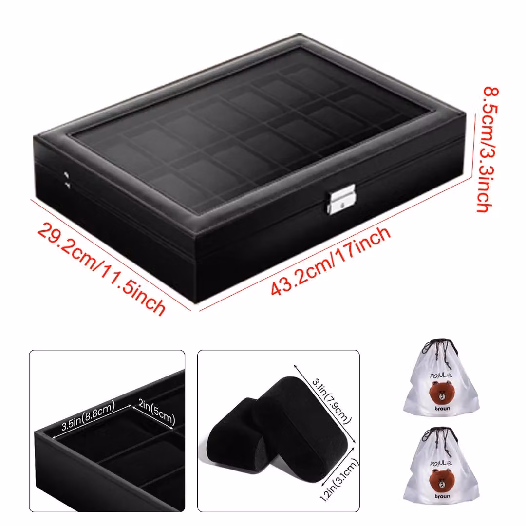 SPETLEK 24 Grid Watch Display Box and Jewelry Storage Case with Glass Lid, Black – 2