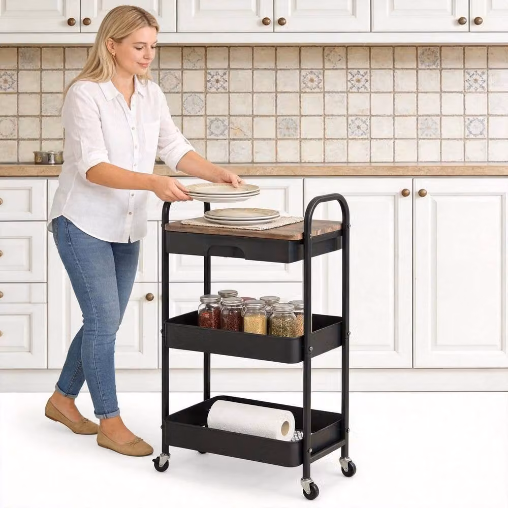 Kelvenix 3-Tier Metal Rolling Storage Trolley on Wheels in Black – 4