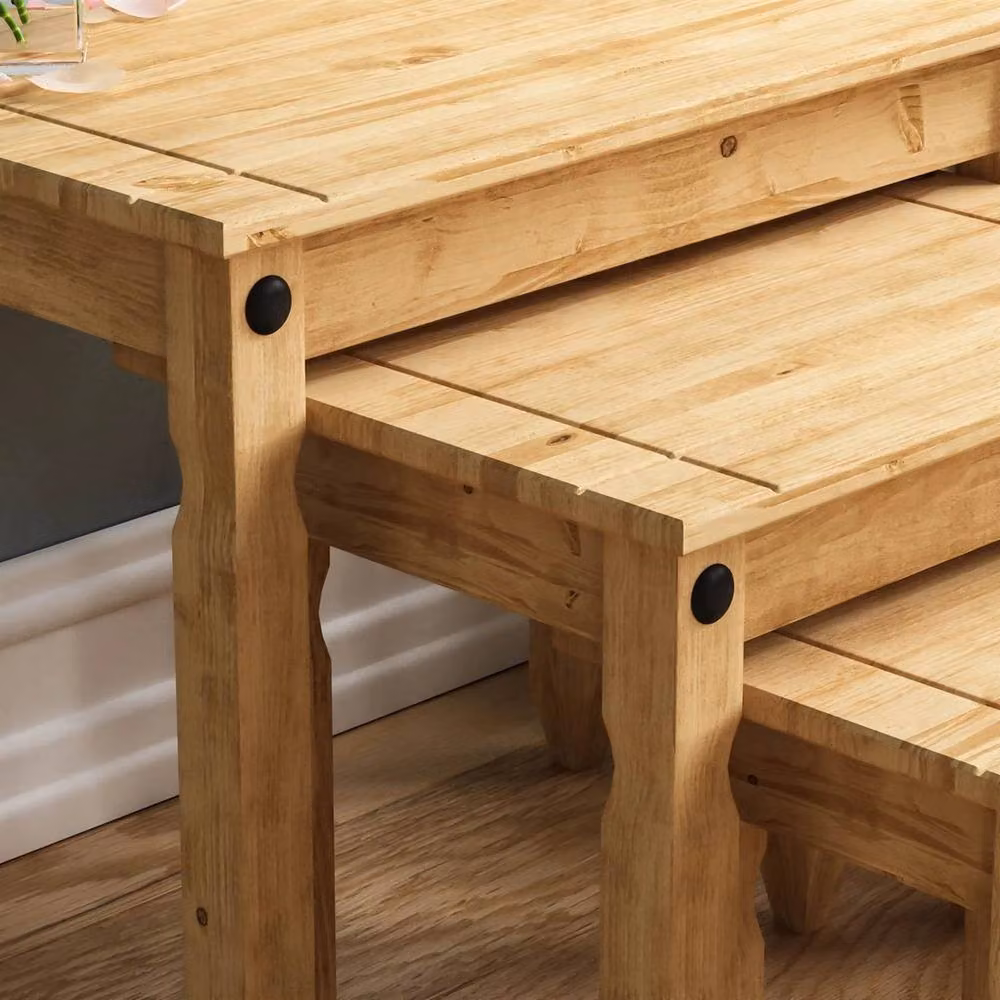 Havendro Nest of 3 Tables in Solid Pine Wood with a Brown Waxed Rustic Finish – 4