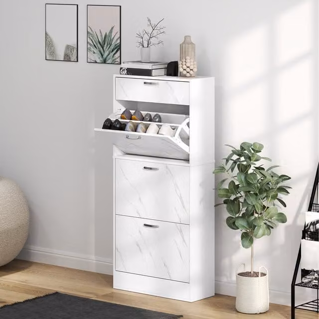 HOMCOM Modern Glossy White Shoe Cabinet with 4 Internal Drawers and Tilting Compartments