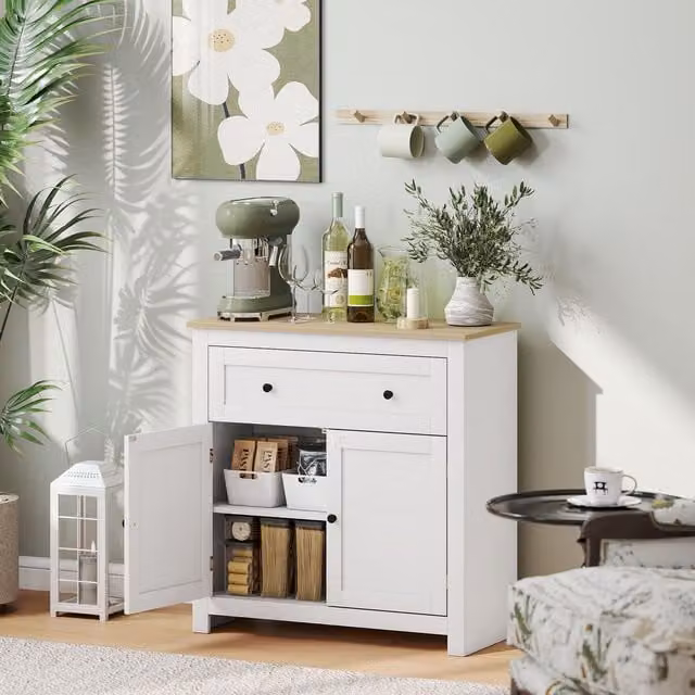 HOMCOM Modern Sideboard Storage Cabinet with Adjustable Shelf and Drawer in White and Oak