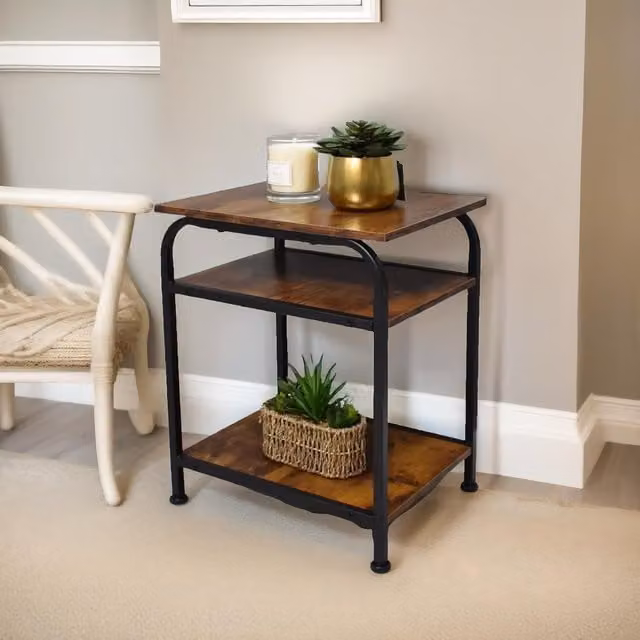 Pirlo Plush 3 Tier Industrial Side Table in Brown and Black, W/D/H: 47.5 x 30 x 40 cm – 1