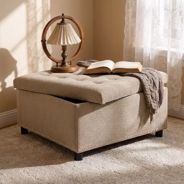 STILVORA Square Storage Ottoman with Hidden Storage in Beige
