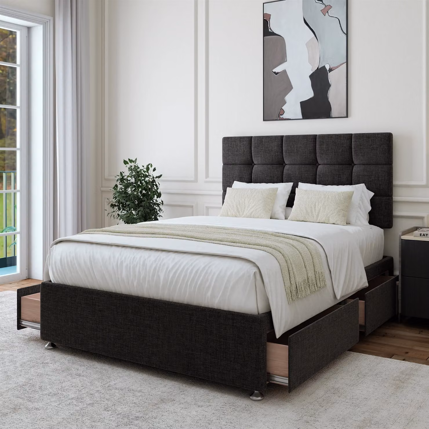 Bedmaster Linen 4 Drawer Divan Base and Square Headboard in Purple, W/D/H: 140 x 200 cm