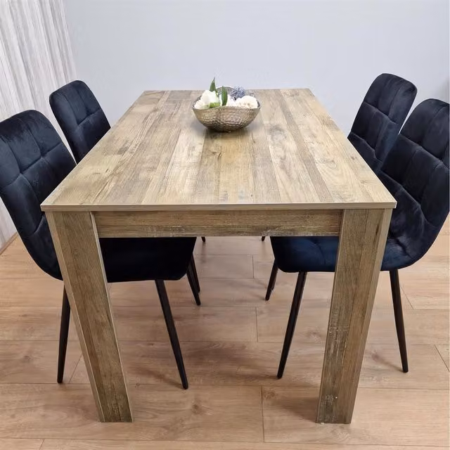 Kosy Koala Rustic Effect Dining Table and 4 Velvet Chairs Set in Black