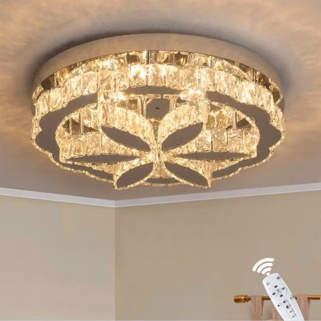 Bath Plus TB+ Modern Round Crystal LED Ceiling Light in Silver and Transparent with Remote Control and Dimmable Warm White Lighting