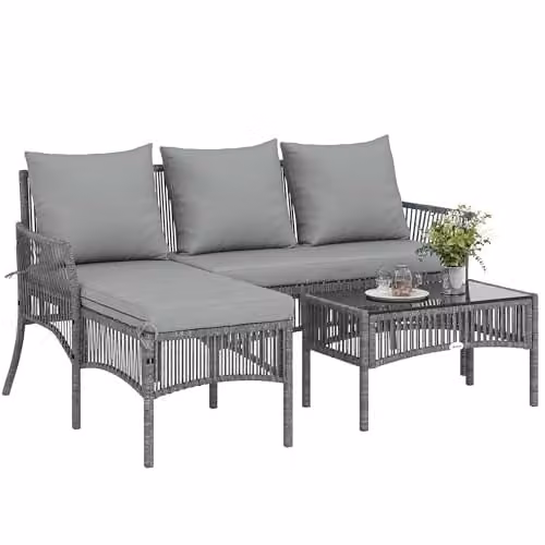Outsunny 3 Piece Rattan Garden Furniture Set with Cushions, Grey