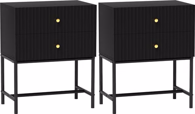 HOMCOM Set of 2 Elegant Two-Drawer Bedside Tables in Black and Gold – 1