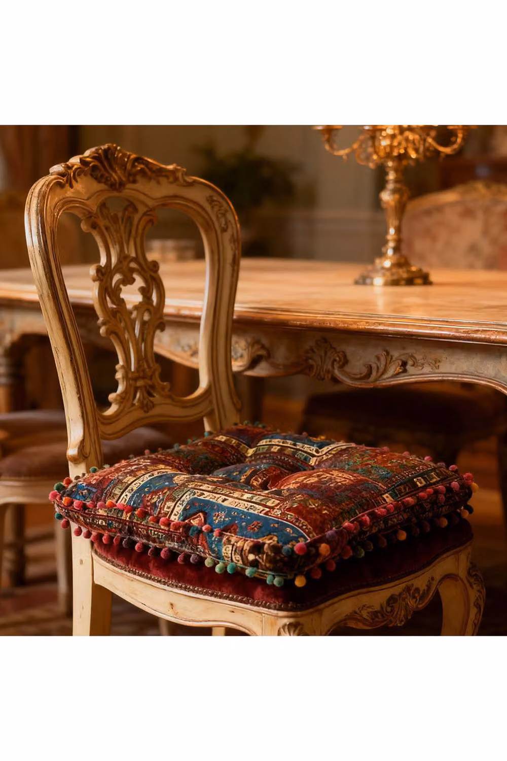 Living and Home Bohemian Patterned Square Linen Seat Cushion with Pom-Pom Trim in Multicolour – 3