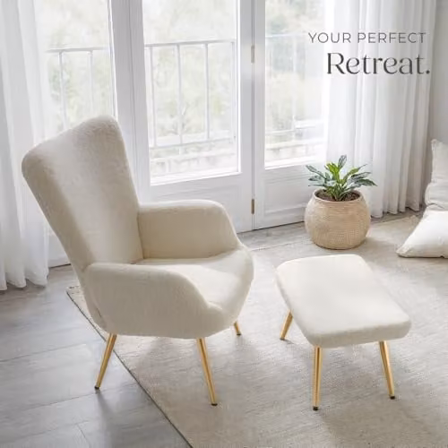 tectake Hygge Armchair with Ottoman in Cream Bouclé with Gold Metal Legs – 5