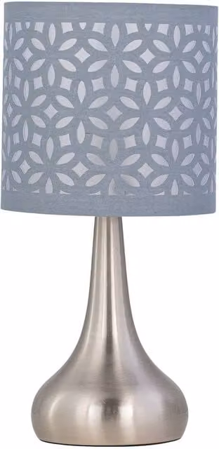 First Choice Lighting Romana Dimmable Touch Table Lamp in Brushed Chrome with Grey Laser Cut Shade – 1