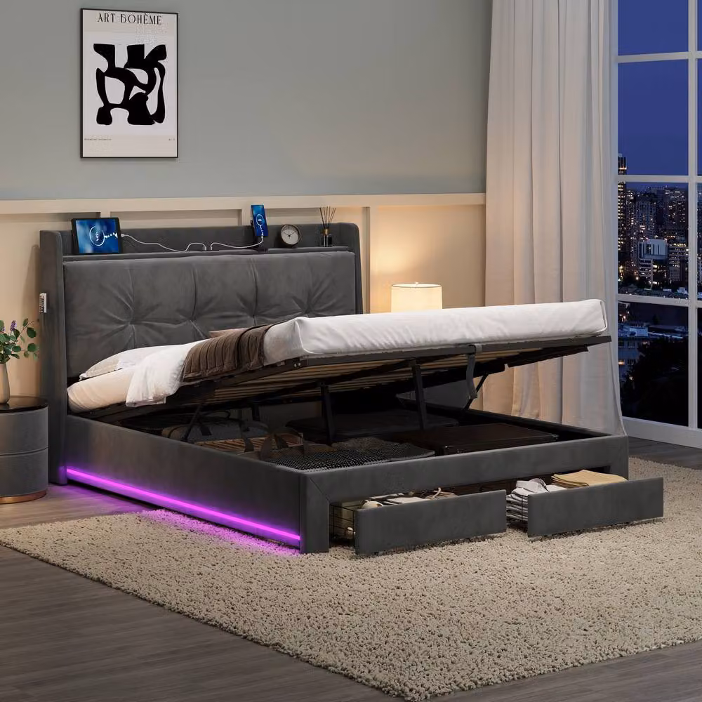 Rolipo Grey Velvet Double Ottoman Bed Frame with LED Lighting, Drawers and USB Ports, W/D/H: 140 x 200 cm – 2