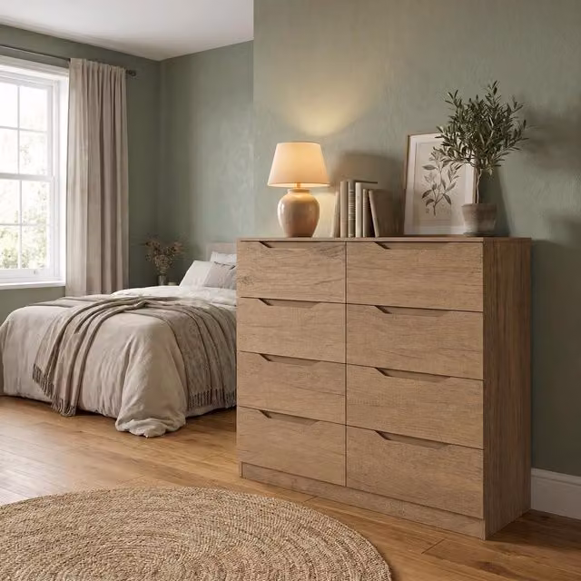 FWStyle Luno Oak 8 Drawer Chest of Drawers, Extra Deep, Brown