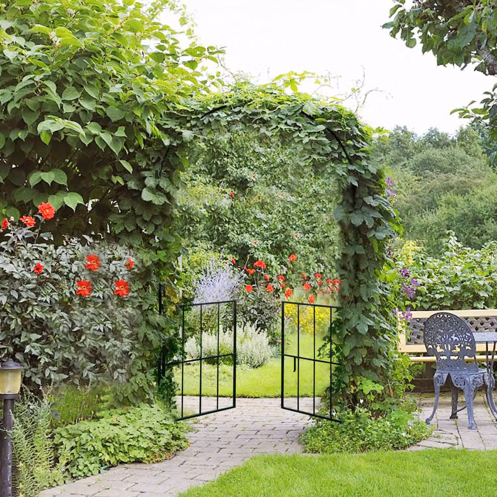 Costway Heavy-Duty Metal Garden Arch Arbor Trellis with Gate in Black, Height: 230 cm – 3