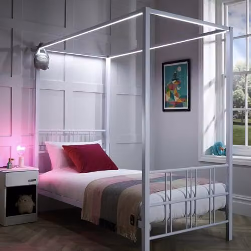 X-Rocker FERN White Metal Four Poster Canopy Bed Frame with Dimmable LED Lighting, Single 3ft, W/D/H: 90 x 190 x 183 cm – 5