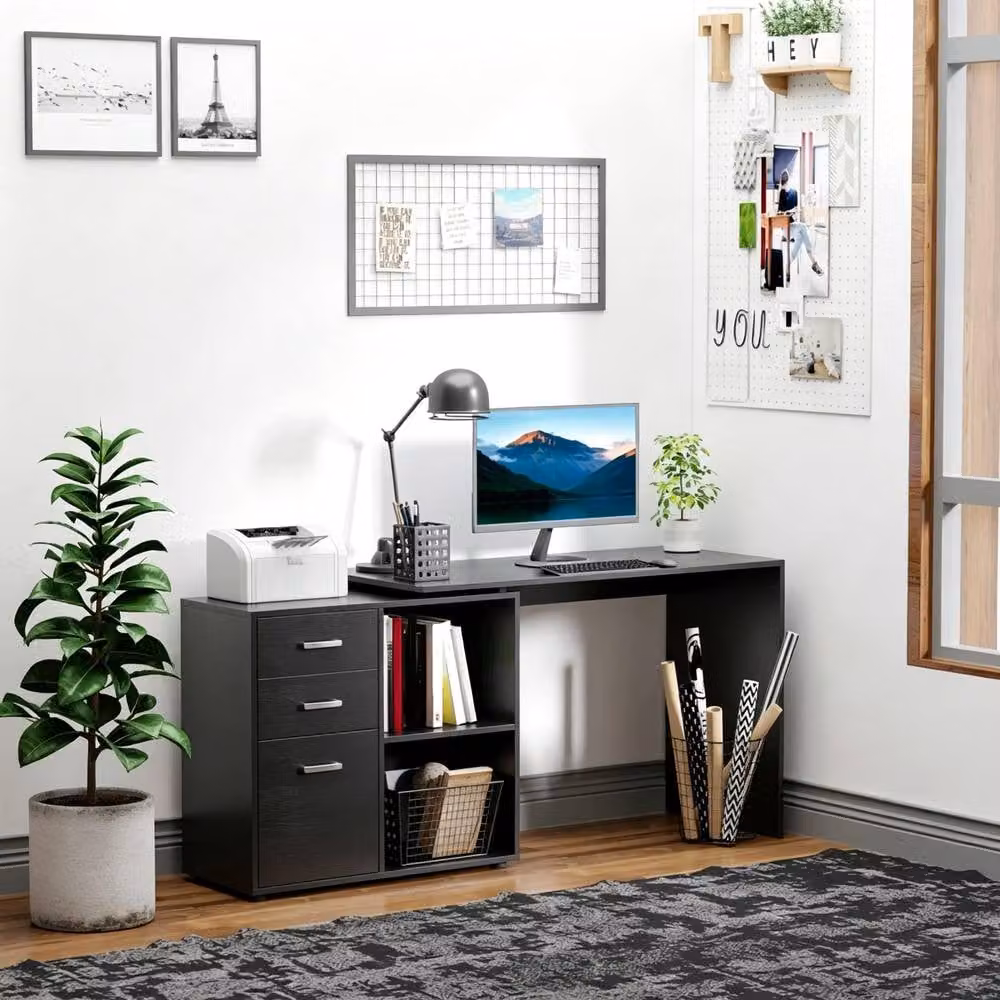 STILVORA L-Shaped Corner Desk with Drawers, Cabinet and Shelves in Black Matt MDF – 2