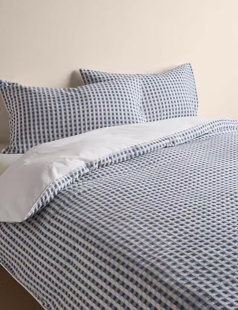 M&S Pure Cotton Reversible Checked Duvet Cover Set in Blue, W/D/H: 180 x 200 cm